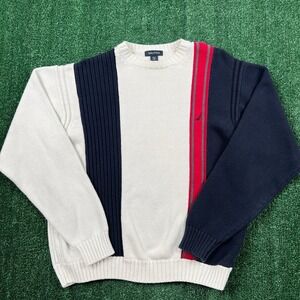 Vintage Nautica Vertical Striped Sweater Mens XL White Navy Red Coogi Preppy Y2K